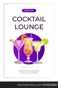 Promo flyer with classic cocktails cosmopolitan, margarita, sex on the beach. Italian aperitif. Alcoholic beverage drinks bar menu. Holidays, summer vacation, party, recreation. A4 for poster, banner