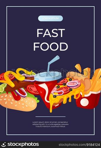 Promo flyer with fast food flying hot dog, pizza, soda, fries. Street takeaway cafe, cooking, junk food. King size, classic american traditional cartoon snacks meals. Vector A4 banner, poster, menu