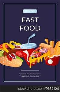Promo flyer with fast food flying hot dog, pizza, soda, fries. Street takeaway cafe, cooking, junk food. King size, classic american traditional cartoon snacks meals. Vector A4 banner, poster, menu