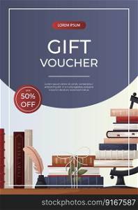  Promo gift voucher flyer with eading bookshelve with stack of books, globe, inkwell with a quill Bookstore, bookshop, library, book lover, bibliophile, education. A4 vector for poster, banner, flyer