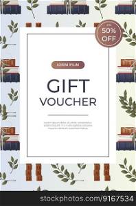 Promo gift voucher flyer with reading pattern of stack of books with bow, wooden letter tiles. Bookstore, bookshop, library, book lover, bibliophile, education. A4 vector for poster, banner, cover