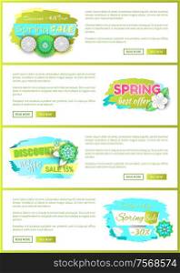 Promo price, web page template, tag and blooming plant, vector. Spring sale discount, best offer promotion leaflets with text sample and push buttons. Promo Price, Web Page Template, Tag and Bloomings