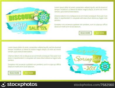 Promo price, web page template, tag and blooming plant, vector. Spring sale discount, best offer promotion leaflets with text sample and push buttons. Promo Price, Web Page Template, Tag and Blooming