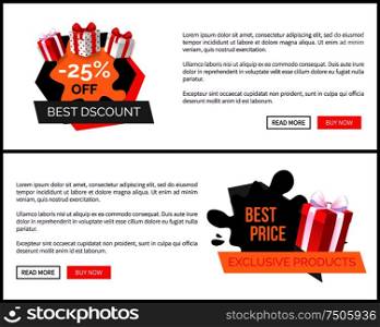 Promo price web site templates with advertising labels and gifts packed in wrapping paper. Shopping sale labels and presents, stickers on landing page. Promo Price Web Site Templates, Advertising labels