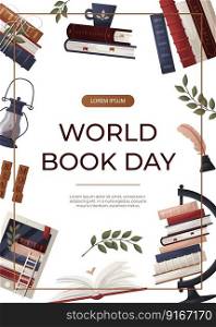 Promo sale flyer with stack of books, globe, inkwell quill, plant, lantern, ebook. World book day. Bookstore, bookshop, library, book lover, bibliophile, education. A4 vector for poster, banner