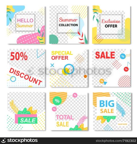 Promo Stories Online Shop Template. Instagram Summer Flyers Set. Advertising New Collection, Special, Exclusive Offers, Big Total Sale, Discounts, Greeting Post Vector Illustration. Set of Promo Stories for Online Instagram Shop