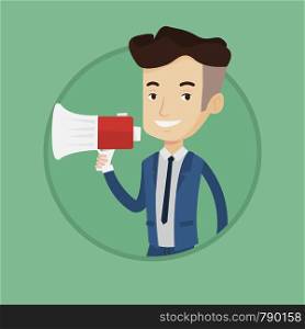 Promoter holding megaphone. Social media marketing concept. Promoter speaking in a megaphone. Promoter advertising using megaphone. Vector flat design illustration in the circle isolated on background. Young hipster man speaking into megaphone.