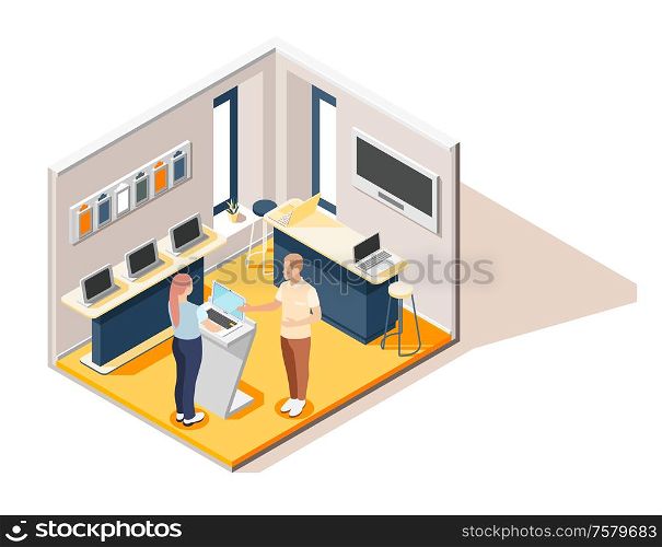 Promoter isometric composition with seller consulting visitor in computer hardware store vector illustration