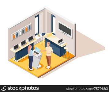 Promoter isometric composition with seller consulting visitor in computer hardware store vector illustration