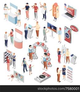 Promoter isometric icons set of people involved in hiring advertising of quality goods and big sale in store and outdoors isolated vector illustration