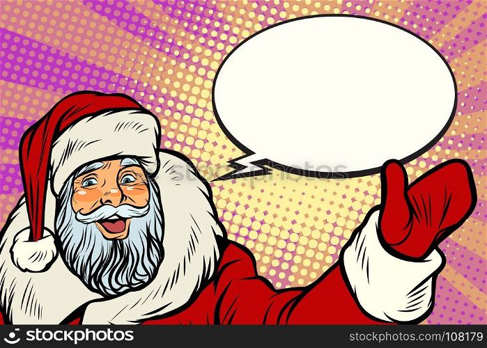 Promoter Santa Claus with comic bubble. Pop art retro vector illustration. Promoter Santa Claus with comic bubble