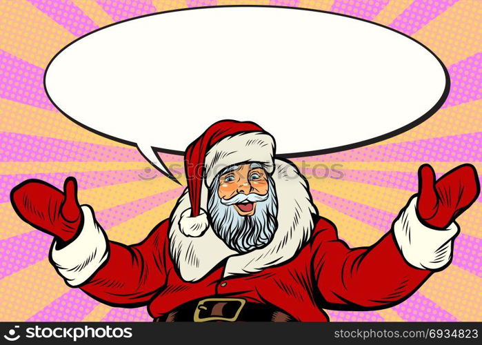 Promoter Santa Claus with comic bubble. Pop art retro vector illustration. Promoter Santa Claus with comic bubble