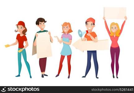 Promoters People Cartoon Characters Set. Retail sales food industry and entertainment promoters cartoon characters people standing with blank advertising posters vector illustration