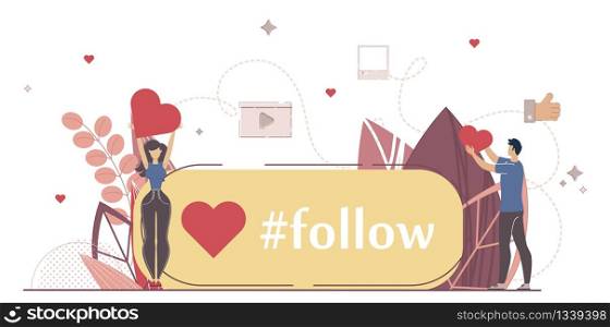 Promoting Blogger Profile in Social Network, Engaging Subscribers and Followers to Video Channel Concept. Man and Woman Liking Online Content, Sharing Popular Post Trendy Flat Vector Illustration