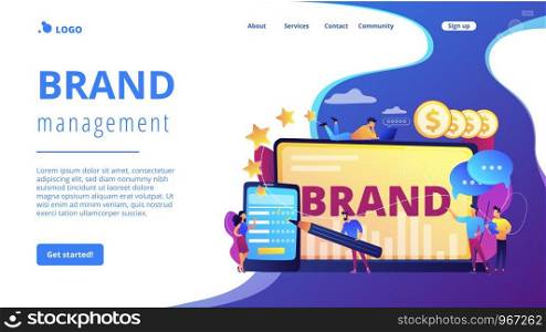 Promoting company credibility. Increasing clients loyalty. Customers conversion. Brand reputation, brand management, sales driving strategy concept. Website homepage landing web page template.. Brand reputation concept landing page