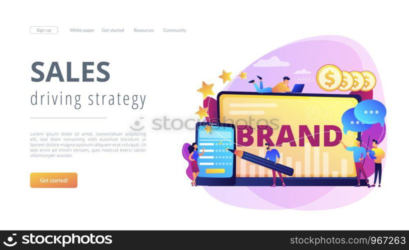 Promoting company credibility. Increasing clients loyalty. Customers conversion. Brand reputation, brand management, sales driving strategy concept. Website homepage landing web page template.. Brand reputation concept landing page