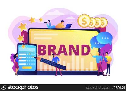 Promoting company credibility. Increasing clients loyalty. Customers conversion. Brand reputation, brand management, sales driving strategy concept. Bright vibrant violet vector isolated illustration. Brand reputation concept vector illustration