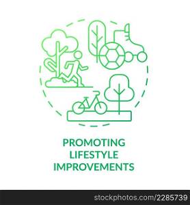Promoting lifestyle improvements green gradient concept icon. Areas for activities. Urban comfort ideas abstract idea thin line illustration. Isolated outline drawing. Myriad Pro-Bold font used. Promoting lifestyle improvements green gradient concept icon