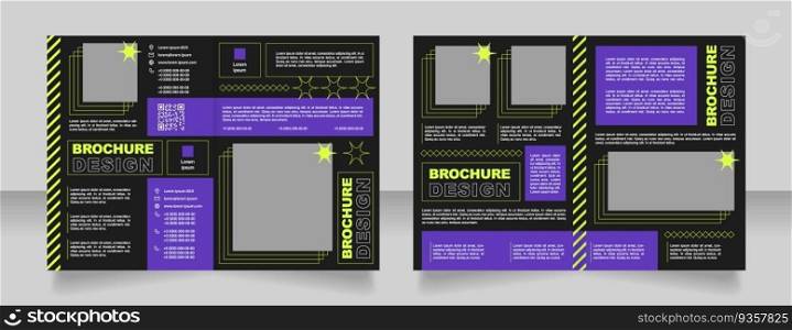 Promoting new product release bifold brochure template design. Flyers with qr code. Half fold booklet mockup set with copy space for text. Editable 2 paper page leaflets. Arial font used. Promoting new product release bifold brochure template design