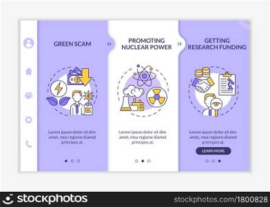 Promoting nuclear energy onboarding vector template. Responsive mobile website with icons. Web page walkthrough 3 step screens. Getting research funding color concept with linear illustrations. Promoting nuclear energy onboarding vector template