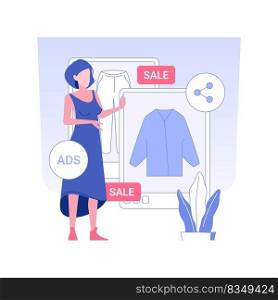 Promoting online shop isolated concept vector illustration. Woman promotes her online store on the web, drop shipping business, online reseller, marketing strategy, smm services vector concept.. Promoting online shop isolated concept vector illustration.