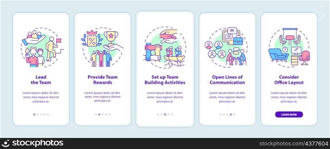 Promoting teamwork in workplace onboarding mobile app screen. Tips walkthrough 5 steps graphic instructions pages with linear concepts. UI, UX, GUI template. Myriad Pro-Bold, Regular fonts used. Promoting teamwork in workplace onboarding mobile app screen