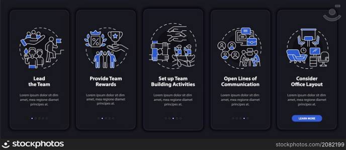 Promoting teamwork night mode onboarding mobile app screen. Tips walkthrough 5 steps graphic instructions pages with linear concepts. UI, UX, GUI template. Myriad Pro-Bold, Regular fonts used. Promoting teamwork night mode onboarding mobile app screen