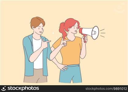 Promotion, Advertisement, announcement concept. Young smiling couple girl and boy cartoon characters standing and making announcement with speaker megaphone for attention vector illustration . Promotion, Advertisement, announcement concept