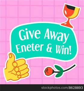 Promotion and marketing, give away contest for subscribers and followers. Gain more fame and activity on page account. Enter and win. Thumb up and rose flower, trophy cup. Vector in flat style. Give away enter and win, promotion and marketing