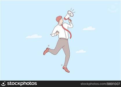 Promotion, announcement, attention concept. Young positive businessman cartoon character standing and making announcement with speaker megaphone for attention vector illustration . Promotion, announcement, attention concept