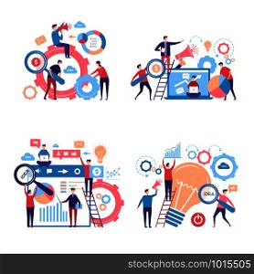 Promotion characters. Business people advertise announcing campaigns through pas vector concept pictures. Illustration of business strategy and promotion, announcing campaign megaphone. Promotion characters. Business people advertise announcing campaigns through pas vector concept pictures