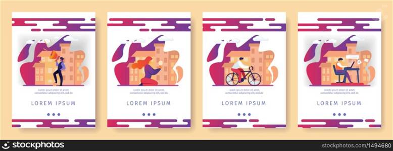 Promotion, Creative Idea, Bicycle, Online Education Mobile App Page Onboard Screen Set for Website. Man with Megaphone, Woman with Lightbulb Cycling, Cartoon Flat Vector Illustration, Vertical Banner. Promotion Creative Idea, Bicycle, Online Education