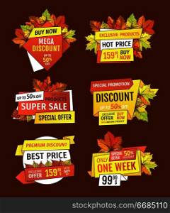 Promotion discounts on Thanksgiving day isolated, exclusive offer buy now labels with oak tree leaves. Vector autumn sale emblems, yellow foliage. Promotion Discounts on Thanksgiving Day Isolated