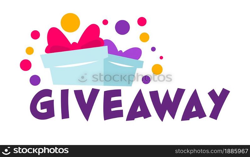 Promotion in social media, giveaway for followers and subscribers. Giving presents for activity, comments and like. Marketing and testing product, isolated banner with gift box vector in flat style. Giveaway presents for followers and subscribers in social media