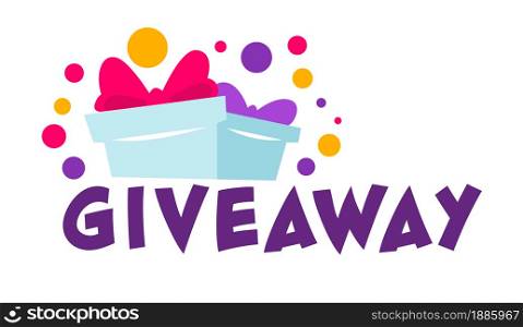 Promotion in social media, giveaway for followers and subscribers. Giving presents for activity, comments and like. Marketing and testing product, isolated banner with gift box vector in flat style. Giveaway presents for followers and subscribers in social media