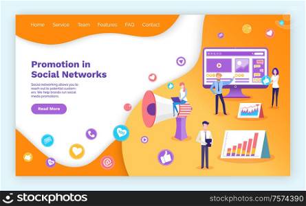 Promotion in social network web page infocharts vector. People working on optimization and popularization of website. Team with computer pc monitor. Template landing page in flat. Promotion in Social Network Web Page Infocharts