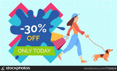 Promotion of sales and discounts in the shop. Woman shopping on black friday. Female character is walking with the dog. Young beautiful fashion shopper girl with the advertisement on background. Promotion of sales and discounts. A girl is walking with the dog and going shopping on black friday