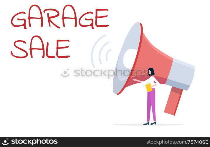 Promotion of special offer from garage sale vector. Woman and loudspeaker, person holding business plan on paper, selling of production on market trade. Garage Sale Woman Selling Items, Broadcasting