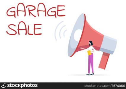 Promotion of special offer from garage sale vector. Woman and loudspeaker, person holding business plan on paper, selling of production on market trade. Garage Sale Woman Selling Items, Broadcasting