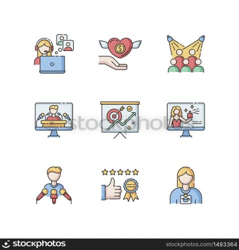 Promotion RGB color icons set. Publicist worker. Donation to charity foundation. Target audience. Press conference. Marketing strategy. Brand ambassador. Corporate image. Isolated vector illustrations. Promotion RGB color icons set