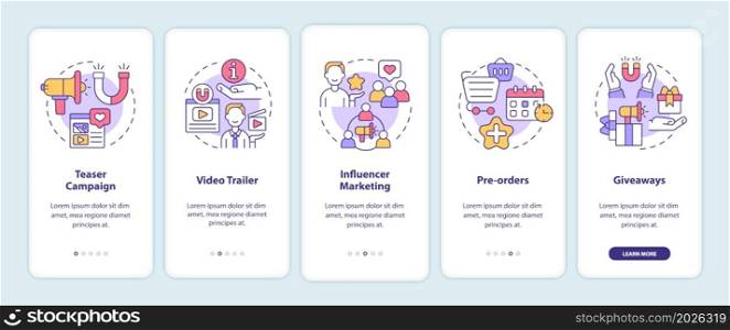 Promotion startup strategy tips onboarding mobile app page screen. Small business walkthrough 5 steps graphic instructions with concepts. UI, UX, GUI vector template with linear color illustrations. Promotion startup strategy tips onboarding mobile app page screen