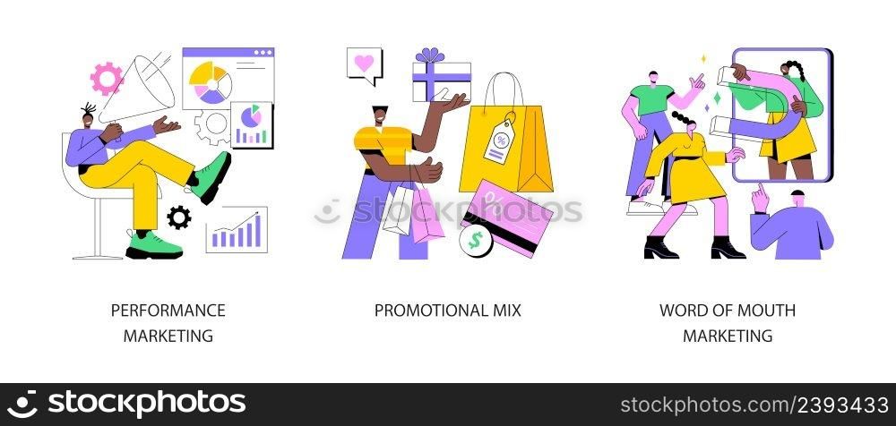 Promotion strategy abstract concept vector illustration set. Performance advertising c&aign, promotional mix, word of mouth marketing, referral sales, brand loyalty, referral sale abstract metaphor.. Promotion strategy abstract concept vector illustrations.