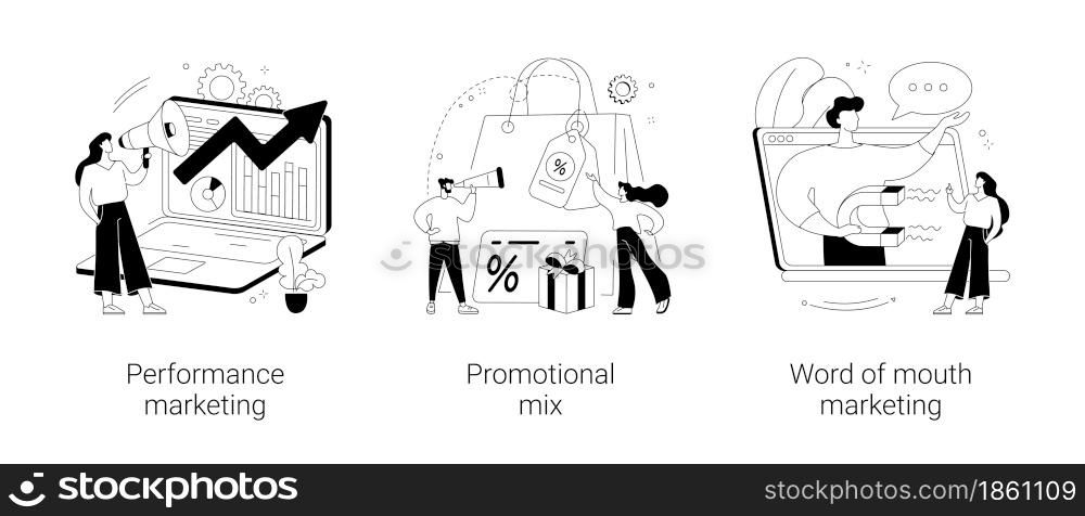 Promotion strategy abstract concept vector illustration set. Performance advertising campaign, promotional mix, word of mouth marketing, referral sales, brand loyalty, referral sale abstract metaphor.. Promotion strategy abstract concept vector illustrations.