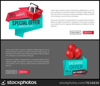 Promotional advertising online pages set, badges on website templates, promo offers with presents and gift boxes, fixed prices and advertising tags,. Promotional Advertising Online Pages Set, Badges