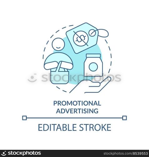 Promotional advertising turquoise concept icon. Marketing strategy abstract idea thin line illustration. Offer discount. Isolated outline drawing. Editable stroke. Arial, Myriad Pro-Bold fonts used. Promotional advertising turquoise concept icon