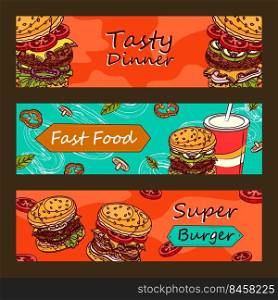 Promotional banner designs for fast food restaurant. Tasty dinner banners with burgers. Unhealthy meal and nutrition concept. Template for poster, promotion or web design
