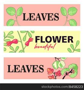 Promotional banner designs with leaves and flowers. Colorful banners on pastel background with blossom. Plants and garden concept. Template for poster, promotion or web design
