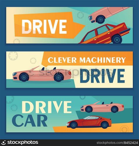 Promotional banner designs with modern cars. Vehicle banners on colorful background. Transport and transportation concept. Template for poster, promotion or web design