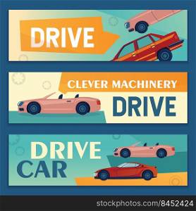 Promotional banner designs with modern cars. Vehicle banners on colorful background. Transport and transportation concept. Template for poster, promotion or web design