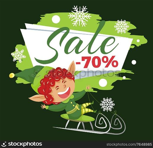 Promotional banner with elf. 70 percent sale proposition from store. Smiling xmas character riding sleigh. Laughing leprechaun. Snowflakes and calligraphic inscription, discount announcement vector. Sale 70 Percent Off Price, Promotional Banner